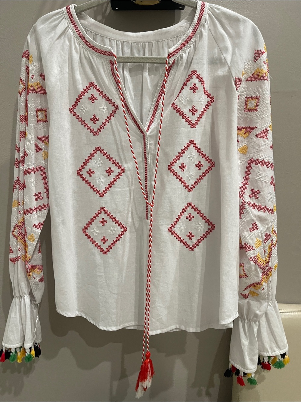 Cotton, Embroidered Peasant Blouse with Red & Yellow Accents